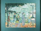 tableau représentant des personnes dans un parc au bord de l'eau, avec un cheval et une calèche