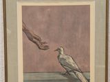 painting of a person reaching out to a bird on a table