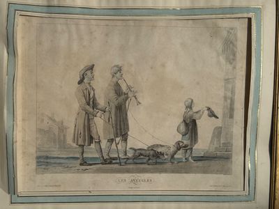 un dessin représentant deux hommes promenant un chien en laisse