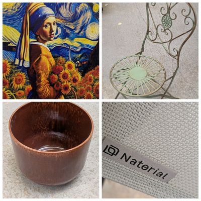 four different pictures of a bowl and a chair with a name tag on it