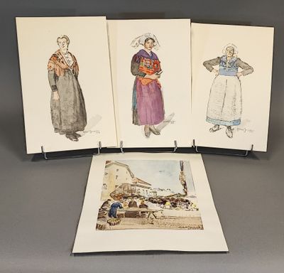 Trois dessins représentant des femmes en costume traditionnel sont exposés sur une table