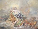a painting of a woman sitting on top of a cloud