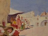 a painting of a man and a woman standing in front of a building