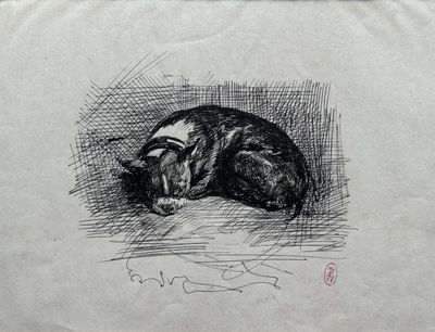 un dessin représentant un chat recroquevillé sur un oreiller