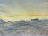 a painting of a horse drawn carriage on a hill