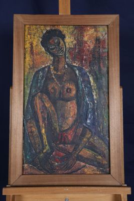 une peinture à l'huile représentant un homme assis sur un chevalet en bois