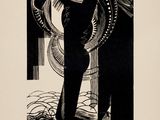 a black and white drawing of a woman standing in front of a mirror