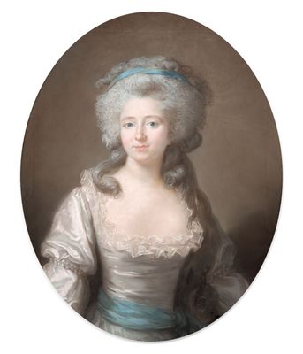 a painting of a woman in a white dress with a blue sash