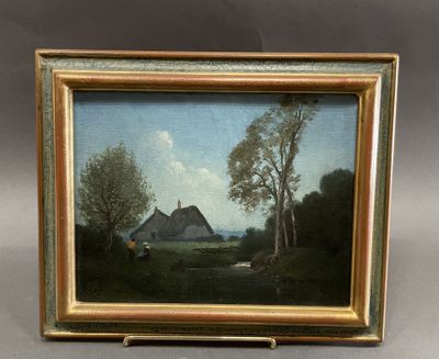 une peinture à l'huile représentant une scène de campagne avec des vaches et une grange au loin
