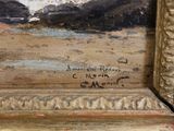an image of a painting of a beach scene with mountains in the background