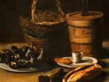 a painting of a basket of mussels and bread on a table
