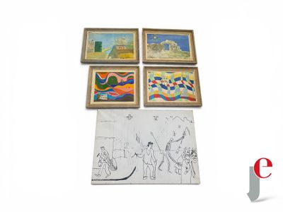 quatre tableaux encadrés représentant des personnes sur fond blanc, avec le logo Google en arrière-plan