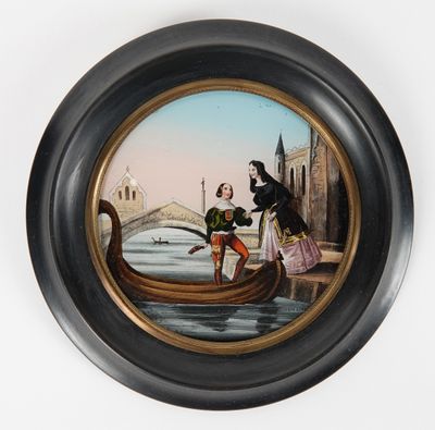 tableau représentant un homme et une femme dans une gondole sur une rivière