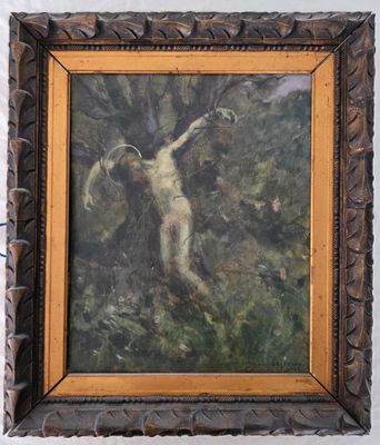 une peinture à l'huile représentant un homme nu dans un décor boisé