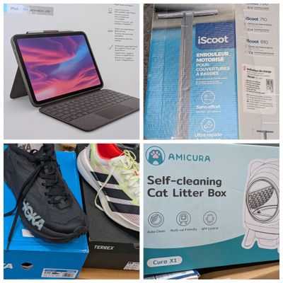 plusieurs photos différentes d'un ordinateur portable et d'autres objets dans une boîte