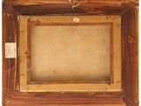 a painting of a wooden frame with a rope hanging from it ' s side