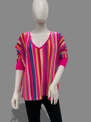 pink multicolored striped top with v - neck and long sleeves on mannequin head