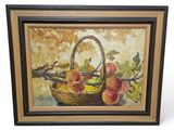 a painting of apples in a basket on a table