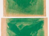 two green paintings of a bird on a white surface