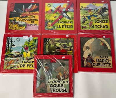 six children ' s books in red covers on a white table