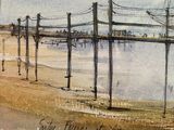 a watercolor painting of a bridge over a body of water