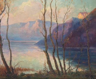 an image of a painting of a lake with trees and mountains in the background