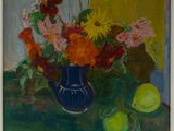 a painting of flowers in a blue vase on a table
