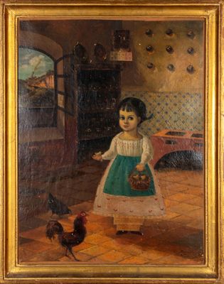 tableau représentant une jeune fille en robe verte tenant un panier de fleurs