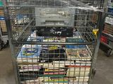 a metal cart with a lot of books in it