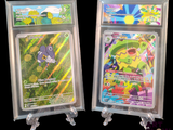 deux cartes Pokémon exposées dans un étui en plastique