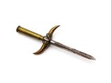 an image of a metal sword with a wooden handle on a white surface