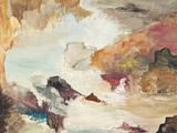 une peinture à l'huile représentant une rivière qui traverse un paysage rocheux