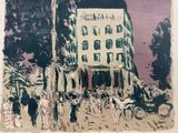 an image of a painting of a building with people walking around it