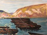 tableau représentant des bateaux dans un port, avec des montagnes en arrière-plan
