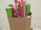 a cardboard box with a bunch of different colored papers in it