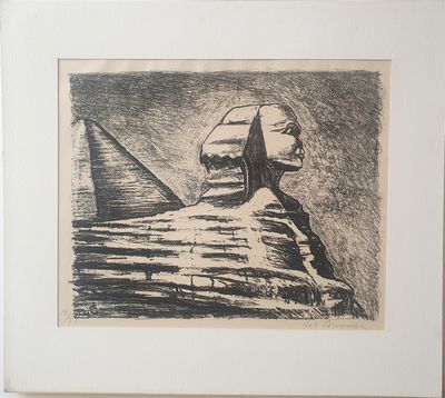 une image représentant un dessin d'un sphinx devant une pyramide