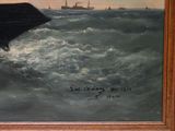 a painting of a ship in the water with a boat in the background