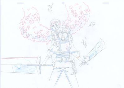 drawing of a man holding a sword and a fire hydrant