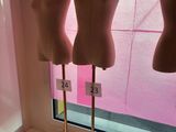 trois mannequins exposés dans la vitrine d'un magasin