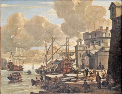 a painting of a harbor scene with boats in the water