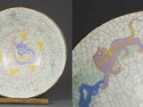two pictures of a white bowl with a yellow and purple design on it