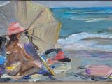 a painting of a woman with a parasol on the beach