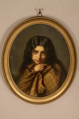 portrait of a young woman in a brown shawl by a gold frame