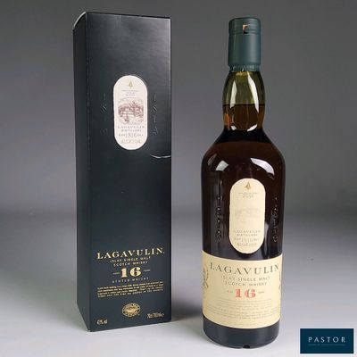 a bottle of lagavulin 16 year old single malt whisky