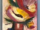 une peinture à l'huile représentant un vase avec des fleurs sur une table