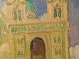 an oil painting of a building with a clock tower on top of it