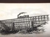 un dessin représentant un train traversant un pont