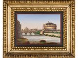 une peinture représentant un pont au-dessus d'une rivière avec des bâtiments à l'arrière-plan