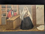 an old painting of a woman in a black dress and a man in a red jacket
