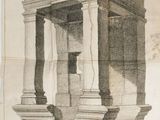 un vieux dessin représentant un bâtiment avec des colonnes, sur le toit duquel est perché un oiseau